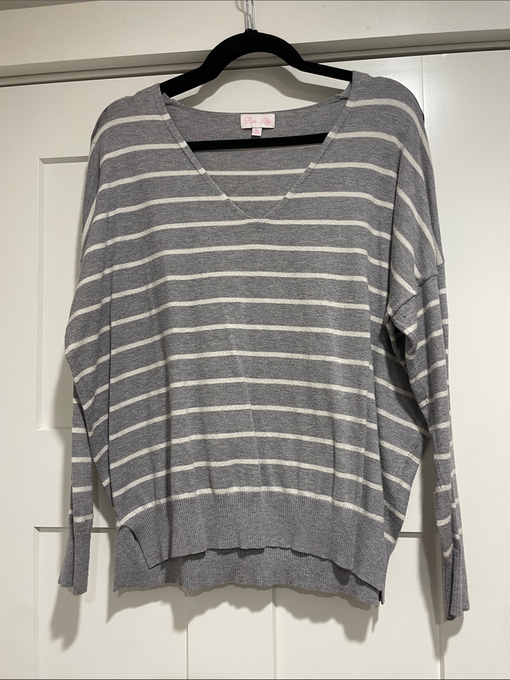 Pink Lily Gray and White Striped V-Neck Sweater